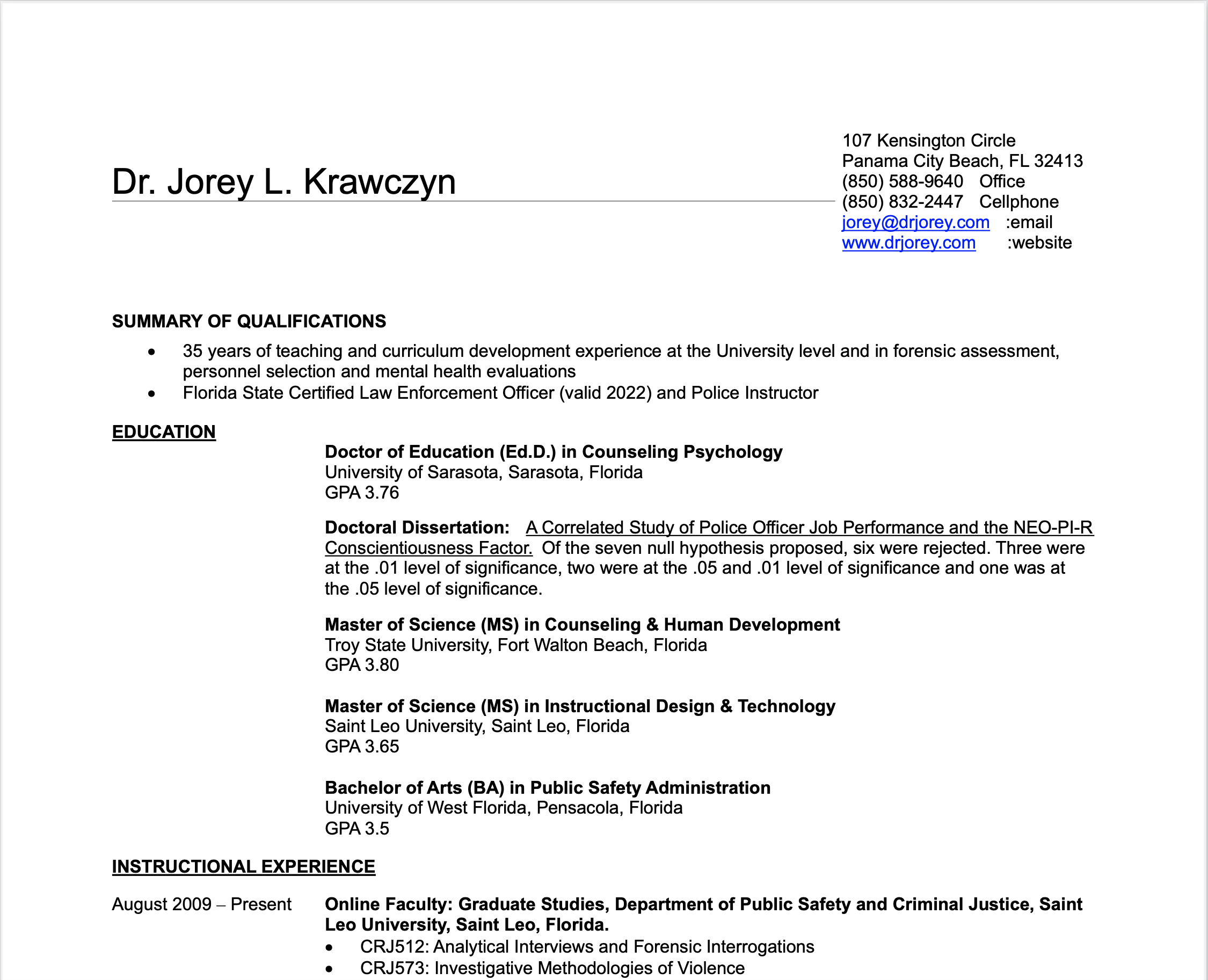 Dr. Jorey Krawczyn CV